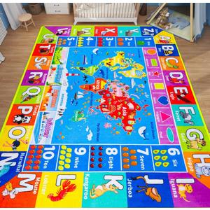 World Map ABC Kid Rug for Playroom Geography 59"×39.4" Classroom Play Rug Educational Baby Playmat Alphabet Carpet Primary School Fluffy Polyester Non-Slip Preschool Mat Nursery Room Learning
