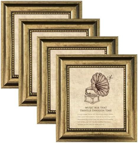 TKYGU 5x5 Picture Frame with Real Glass, 4 set Ornate Vintage Picture Frames for Wall or Tabletop Display, Gold 5 x 5 Frame for Wall home best gift