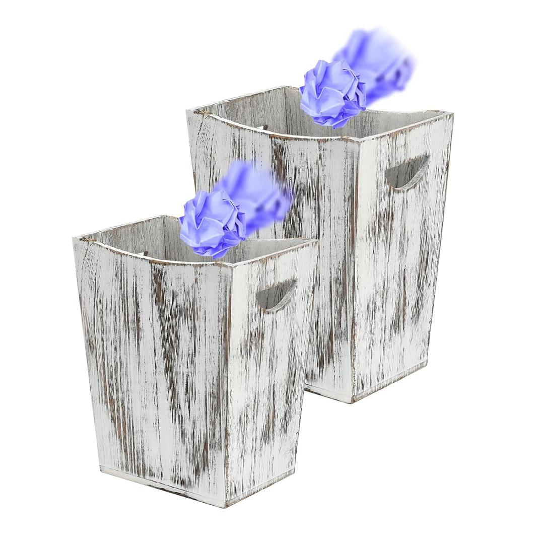 2 Pack Can Wood Waste Basket Wooden Garbage Bins Decorative Farmhouse Can for Bathroom Bedroom Office Desk Living Room (Rustic White)