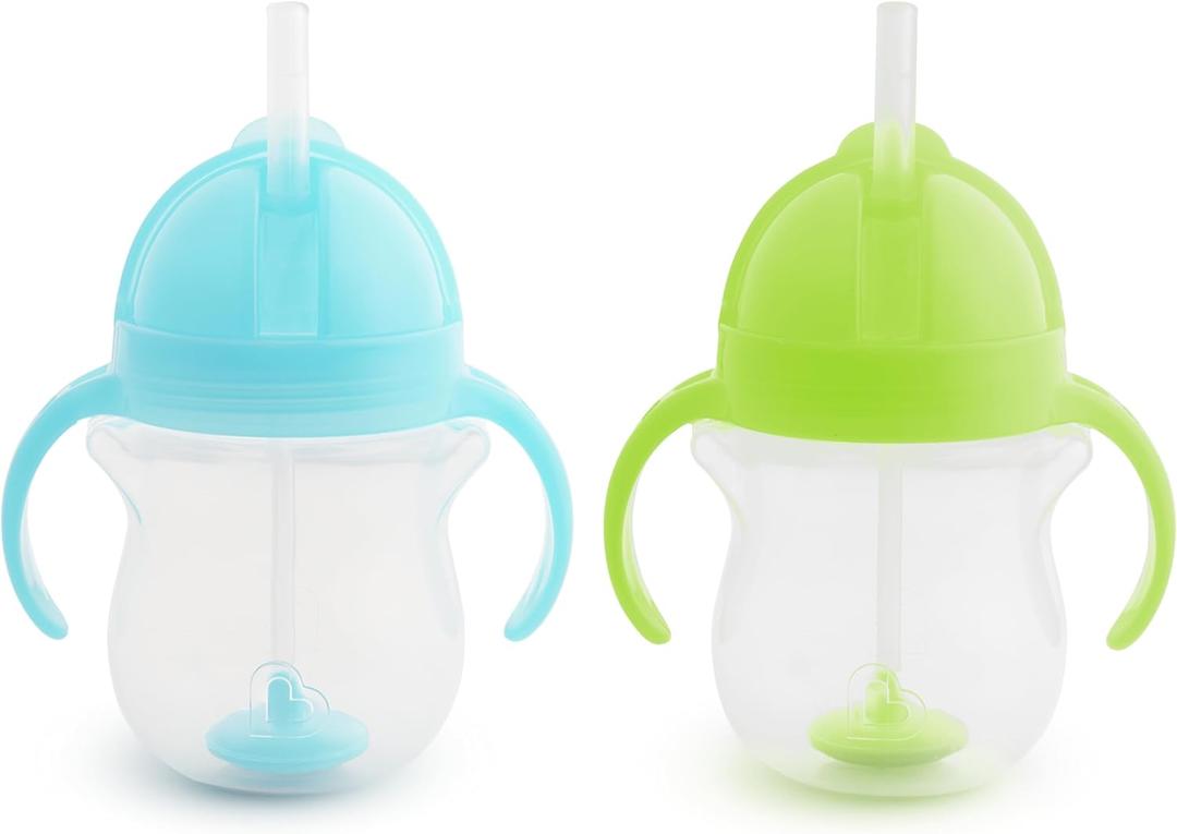 Munchkin Any Angle Sippy Cups for Toddlers, Spill Proof Weighted Straw Cup with Transition Handles for Babies 6 Months and Up, 2 Pack, Blue/Green