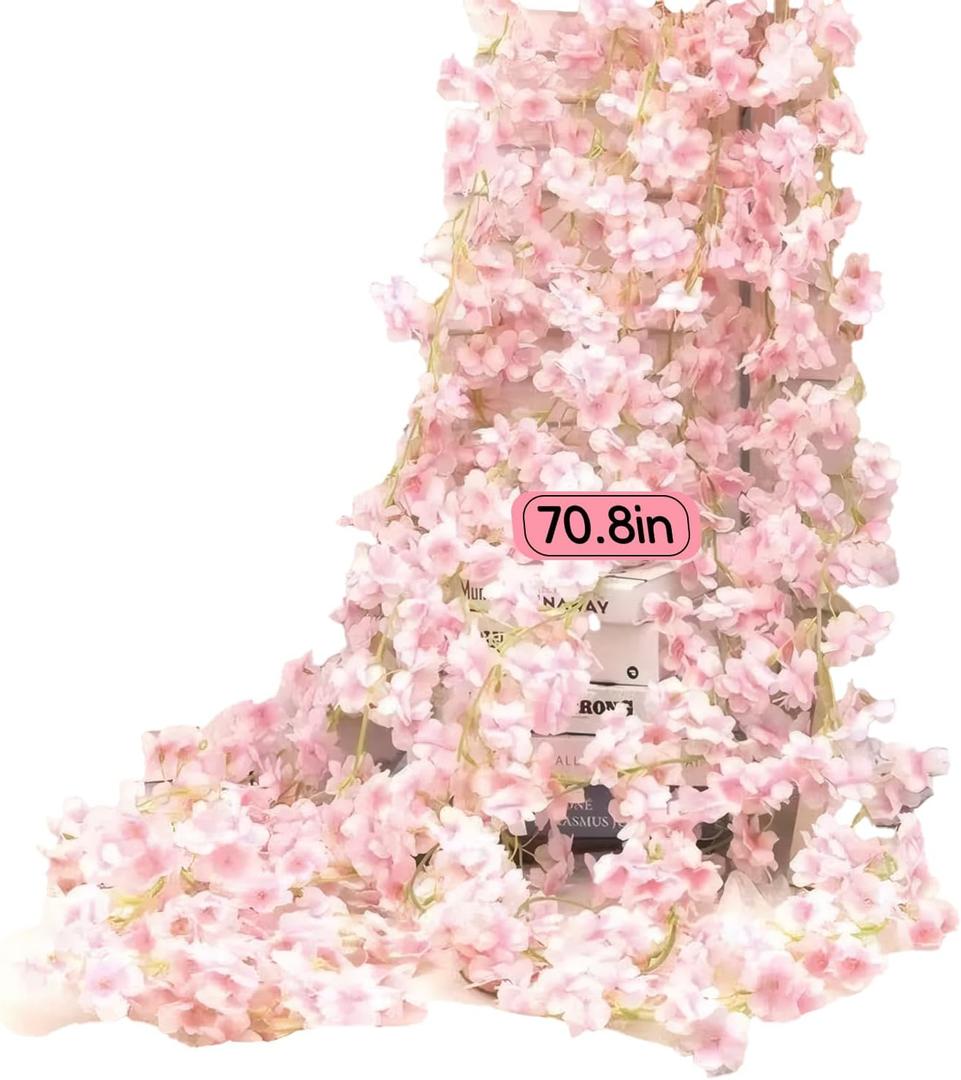 3pcs 5.91 ft Artificial Cherry Blossoms Garland Pink Fake Vines Hanging Silk Cherry Blossom Sakura Vine for Outdoor Wedding Party Home Decor
