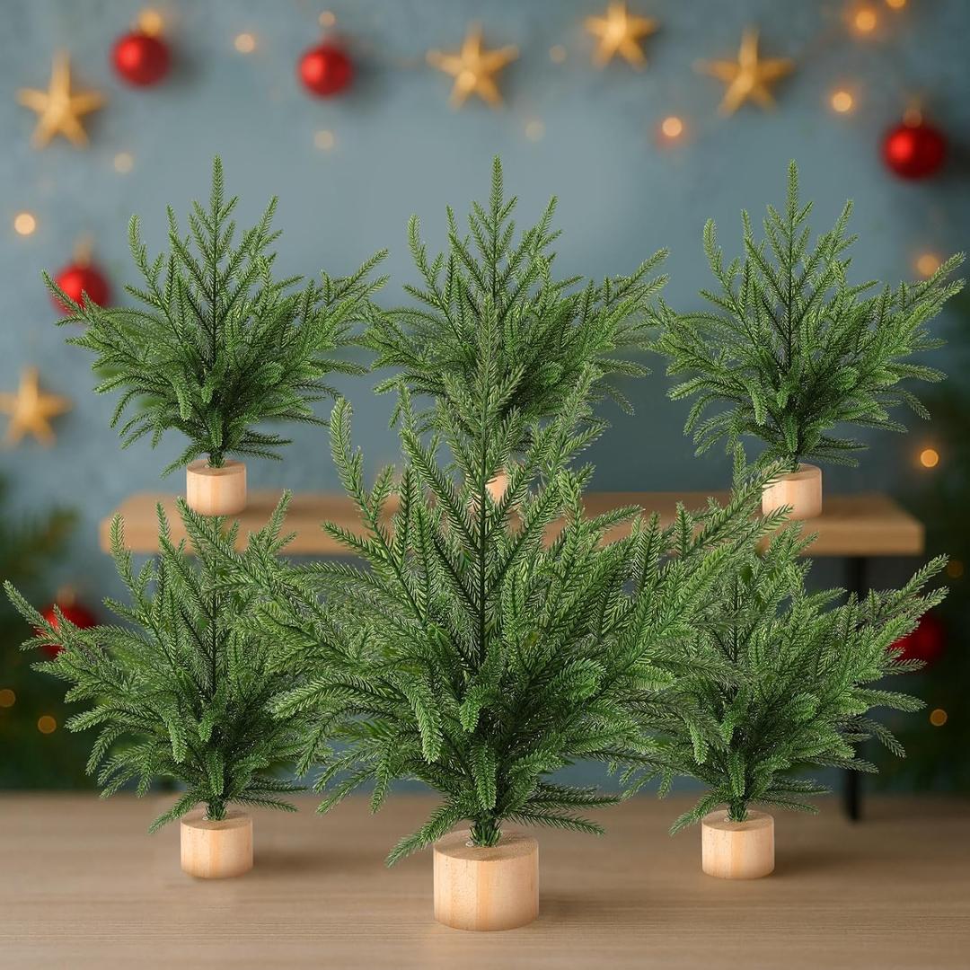 Soulchen 6 Pcs Artificial Norfolk Pine 12'' Mini Tabletop Tree Bough Decor Christmas Norfolk Branch Faux Stem Village Desk with Base for Christmas Decorations Indoor Home Dining Table