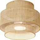 21 Inches DC Boho Bamboo LED Ceiling Fan with Light Fixture and Remote Control, Wicker Cage Small Rattan Caged 3 Blades Low Profile Dimmable Fandelier for Bedroom Kitchen Indoor Outdoor Room