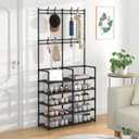 Laiensia 5-Tier Entryway Coat Rack, Coat and Shoe Rack, Entryway Bench Storage Organizer with 8 Hooks for Bedroom, Hallway, Office, Black