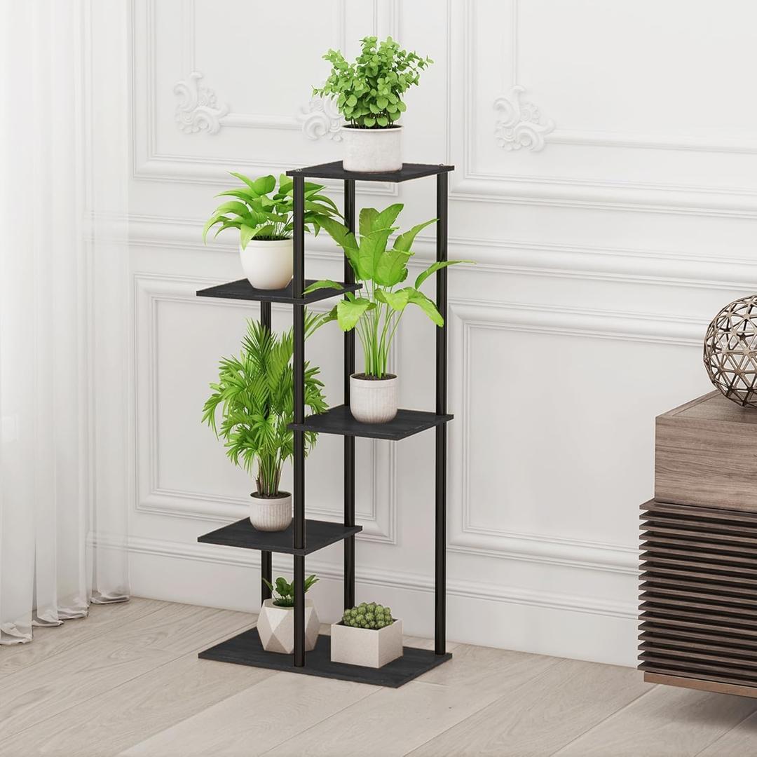 Plant Stand Indoor 5 Tier 6 Potted Metal Wood Plant Shelf, Multiple Flower Pots Corner Tall Plant Holder Stands for Living Room Balcony Bedroom, Black