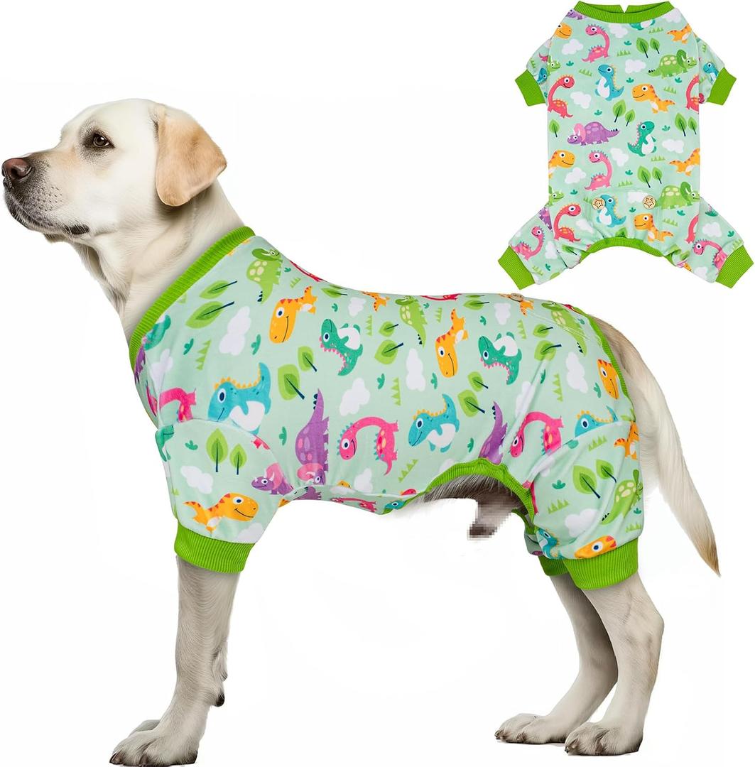 KYEESE Dog Pajamas Comfy Clothes for Dogs Boy Girl Stretchy Pet Jammies Onesie Soft Outfit Velvet Pjs Large Dog Pajamas with Colorful Dinosaurs, XX-Large