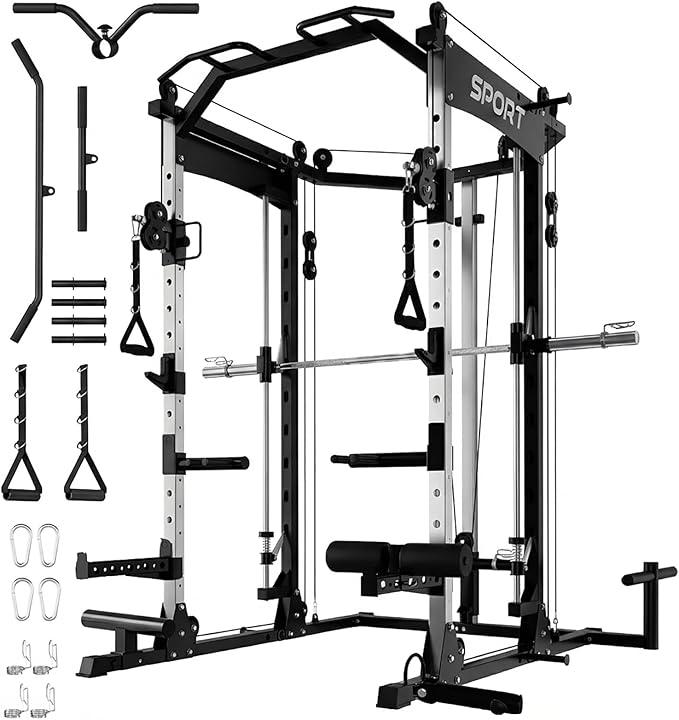 Garvee S1-V4 Smith Machine, 2000LBS Power Cage with Cable Crossover System, All-in-One Squat Rack with Smith Bar, Workout Cage Strength Training Equipment with Attachments