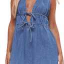 SHENHE Women's Deep V Neck Tie Bow Sleeveless Denim Mini Dress Summer Casual Jean Tank Dresses (Blue, Large)