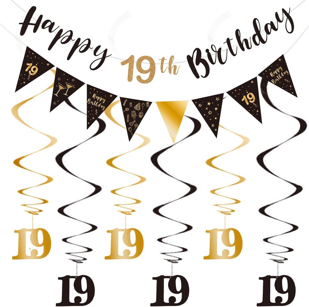 BRT Bearingshui 19th Birthday Decoration Kit, Happy 19th Birthday Banner Bunting Swirls Streamers, Triangle Flag Banner for Birthday Party Decorations Supplies Black and Gold 19th