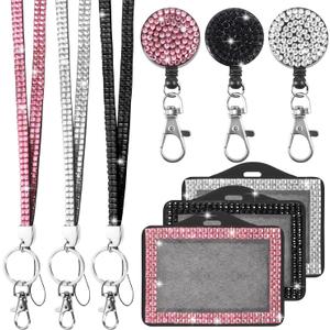 9 in 3 Sets 3 Color Horizontal Rhinestone Lanyard for ID Badges, Bling ID Card Holder Crystal Retractable Badge Reel Neck Lanyard for Women Nurse Teacher
