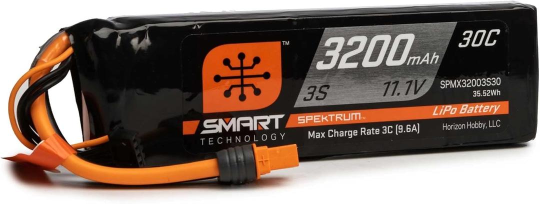 Spektrum Smart RC LiPo Battery Pack: 3200mAh 3S 11.1V 30C with IC3 Connector (EC3 Compatible), SPMX32003S30 , Black