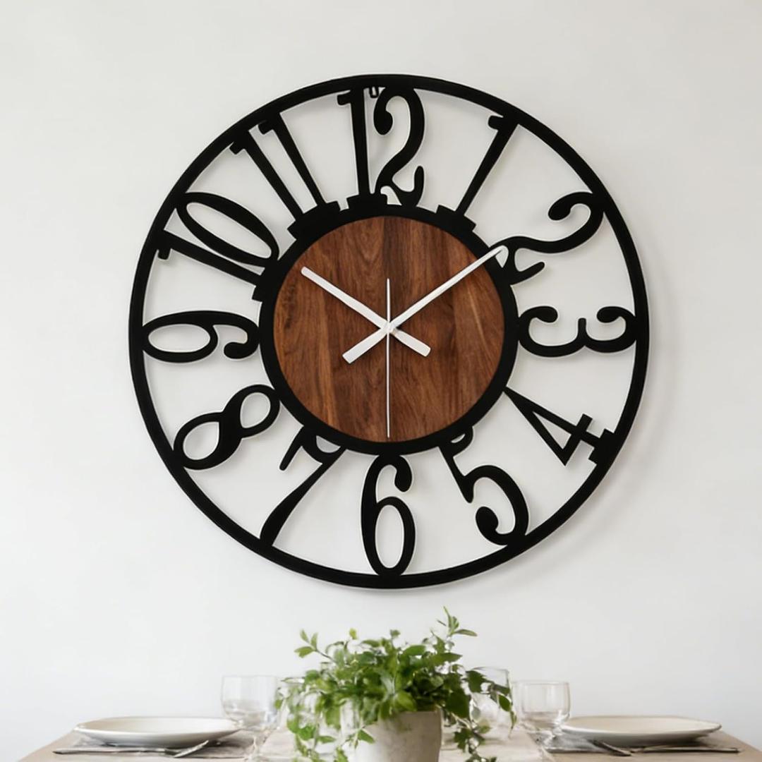 Industrial Wood Metal Cutout Numeral Silent Wall Clock, 16in