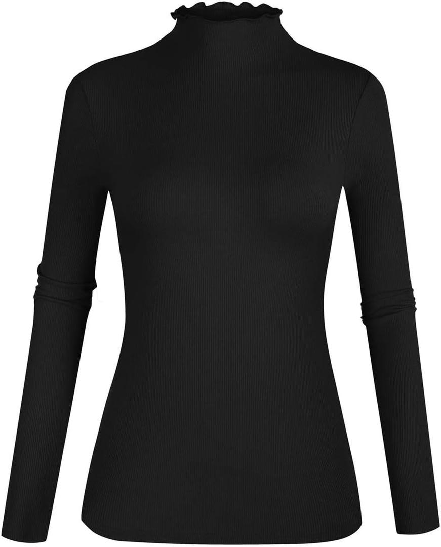 POPZONE Women's Lettuce Trim Mock Neck Long Sleeve Slim Fit Ribbed Knit Tee Shirt Tops (Medium, 00-black)
