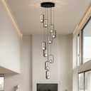 10-Light Modern LED Crystal Chandelier 10 Lights Black High Ceiling Chandelier for Staircase Large Adjustable Length Light Fixture for Foyer, Entryway, Living Room (D15.8"-10lights)