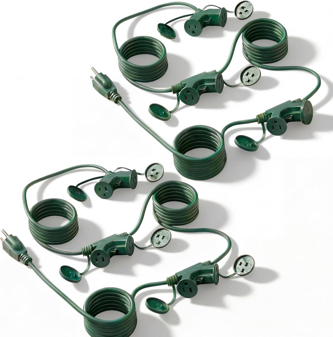 2 Pcs 40FT Outdoor Extension Cord for Yard Landscape Inflatables Lighting Decor, 1 to 3 Splitter Extension Cable with 6 Ground Plug Safety Covers Each, Dual-Head Outlets UL Listed Weatherproof