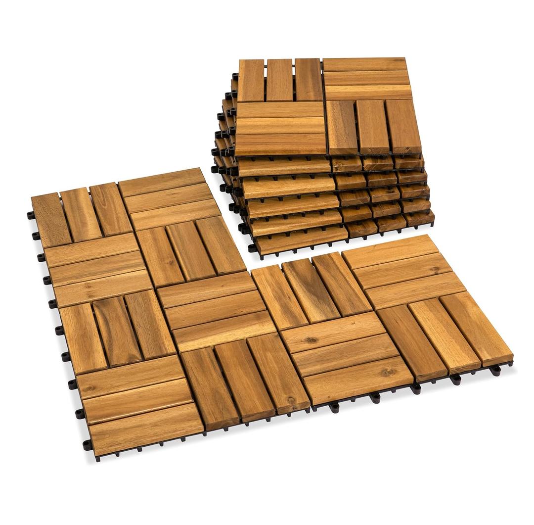 Acacia Wood Decking Tiles 9PCS - Easy Snap Interlocking Deck Tiles for Patio Poolside Balcony Decor - All Weather Waterproof Flooring for Indoor & Outdoor (Round Joints) (12x12", 4. Natural Acacia - 12 Slats)