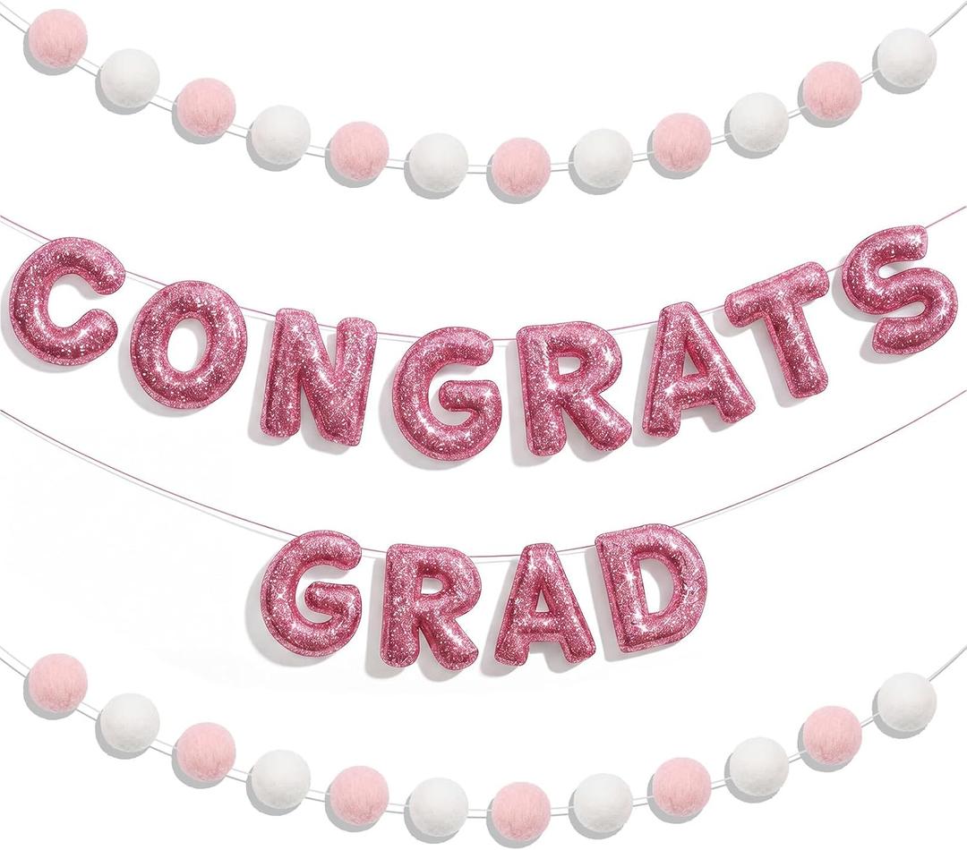 Pre-Strung Glitter 2026 Congrats Grad Felt Banner, Pink Class of 2026 Graduation Sign for Backdrop with Felt Ball Garland Reusable Graduation Party Banner for College High School Decor