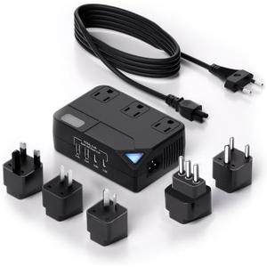 Universal 100V-220V Travel Converter250W Voltage Converter with 2 USB and 2 USB-C Charging Ports and 3 AC Plugs for curlers, straighteners, Included Plugs are Type A, C, D, G, I, L