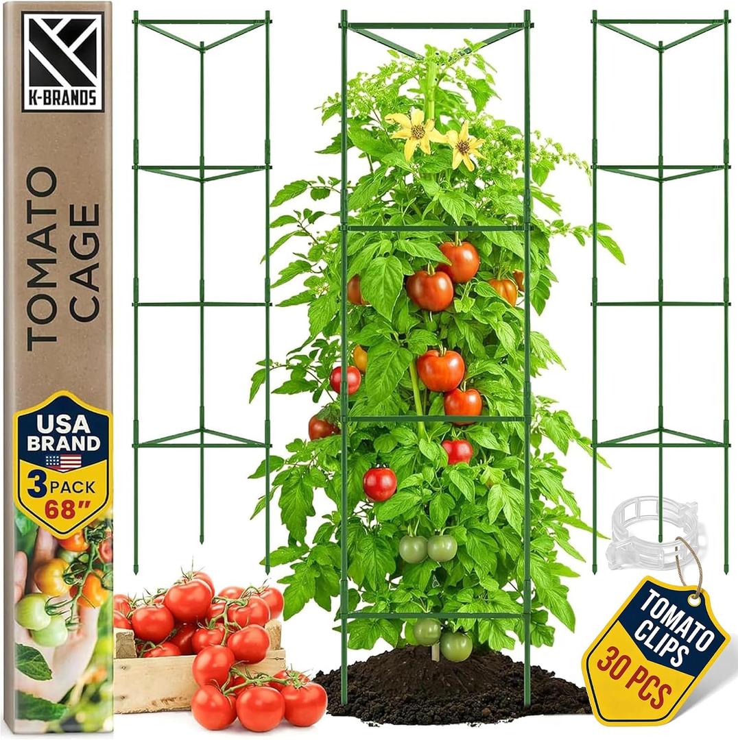 K-Brands Tomato Cage - Tomatoes Plant Stakes Support Cages Trellis for Garden and Pots (3 Pack - Extra Tall Upto 68 inches)
