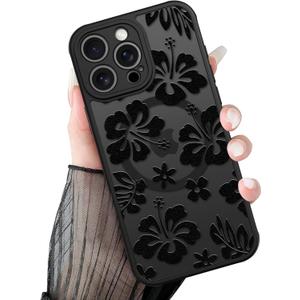 Magnetic Floral Case for iPhone 16 Pro [Compatible with MagSafe] Cute Aesthetic Summer Black Hibiscus Flowers Design, Translucent Shockproof Cover with PC Hard Back & Soft TPU for Women Girls