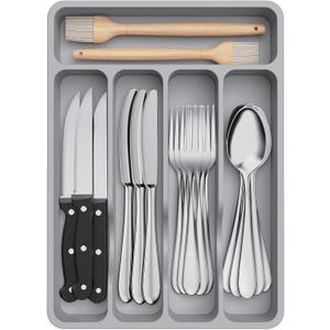 Lifewit Silverware Drawer Organizer Tray, Plastic Cutlery Storage for Kitchen Drawer, Flatware and Utensil Holder Divider for Spoons Forks Knives Tableware, 5 Compartment, Gray (9.1*12.6*1.6 inch (5 Slots))
