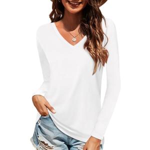 Elesomo Women Shirts V Neck Short/Long Sleeve Cotton Tops T-Shirt Basic Tees (White, XL)