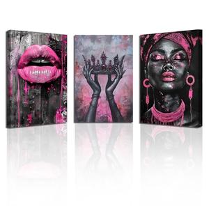 PBXBJY African American Wall Art African Girl Canvas Prints 3 PCS Black Queen with Pink Crown Lips Painting Black Woman Picture Framed Home Office Decor (16.00" x 24.00" x 3PCS)