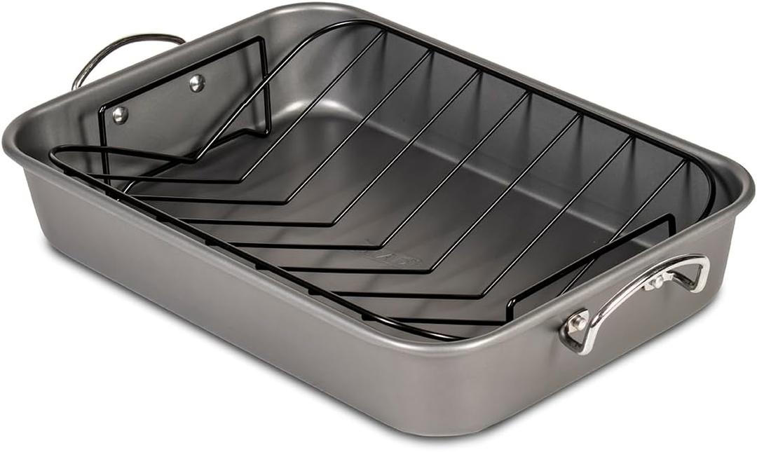 Glad Roasting Pan Nonstick 11x15 - Heavy Duty Metal Bakeware Dish with Rack - Large Oven Roaster Tray for Baking Turkey, Chicken, and Veggies, Gray
