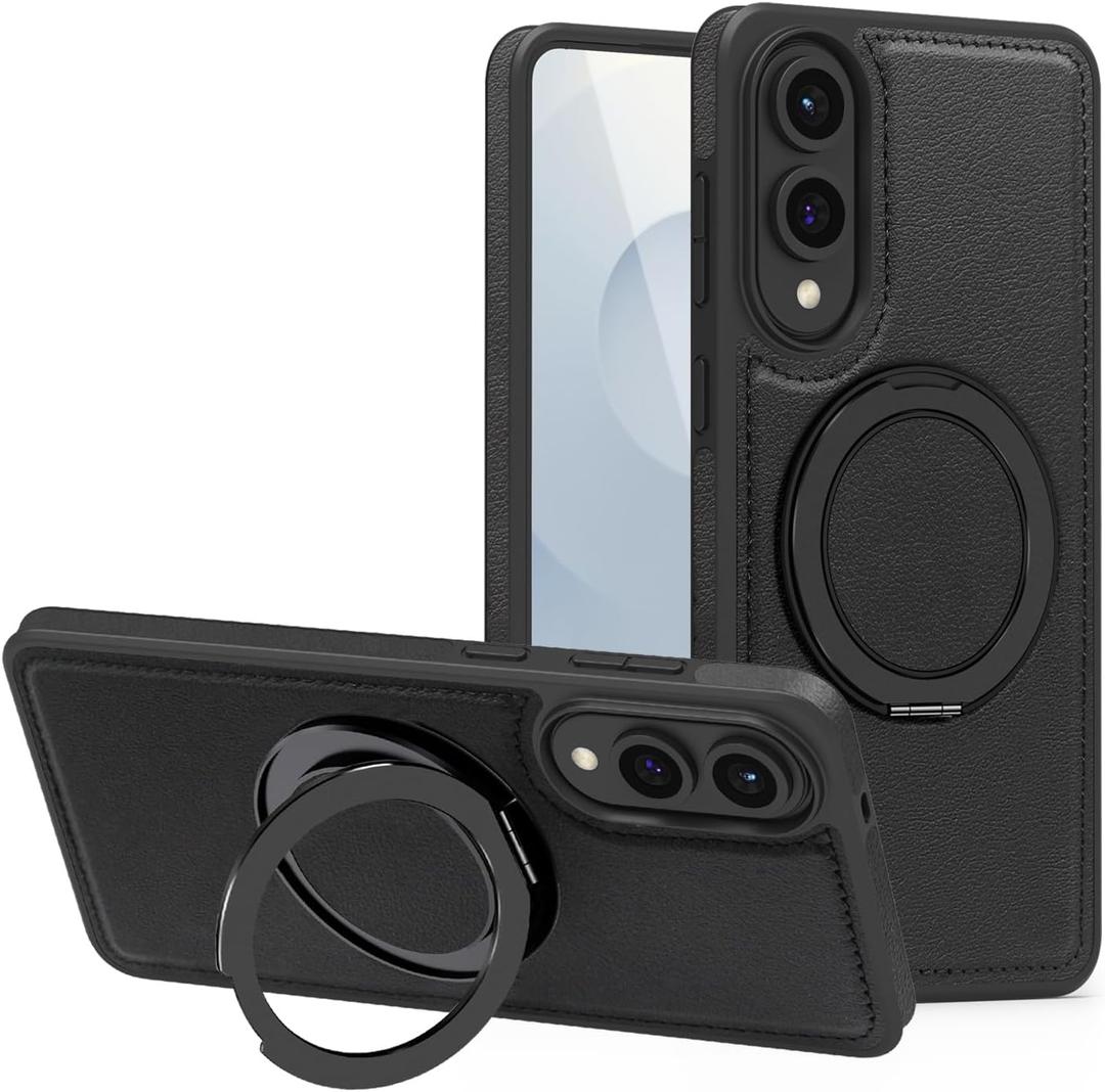 2 x Magnetic PU Leather Case Fit for Samsung Galaxy S25 Edge [Compatible with MagSafe][360-Degree Rotatable Ring Stand & Kickstand] Phone Cover for Samsung S25 Edge (Black)