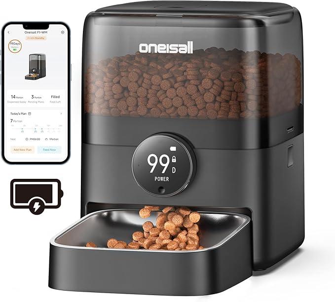 Oneisall Cordless WiFi Automatic Cat Feeder, Rechargeable 100-Day Battery Operated Pet Feeder, 12 Cups/3L Timed Cat Food Dispenser for Large Kibble, Smart App Control (Black) 