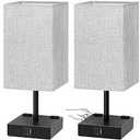 Bedside Table Lamps Set of 2  Touch Nightstand Lamp for Bedroom with USB C+A Charging Ports & AC Outlets, 3Way Dimmable Desk Lamp Grey Fabric Shade for Bedroom Living Room, Office(Bulb Included)