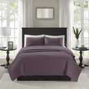 Madison Park Quebec Quilt Set - Luxurious Damask Stitching Design, Cotton Filled Lightweight Coverlet Bedspread Bedding, Shams, Full/Queen(90"x90"), Purple 3 Piece