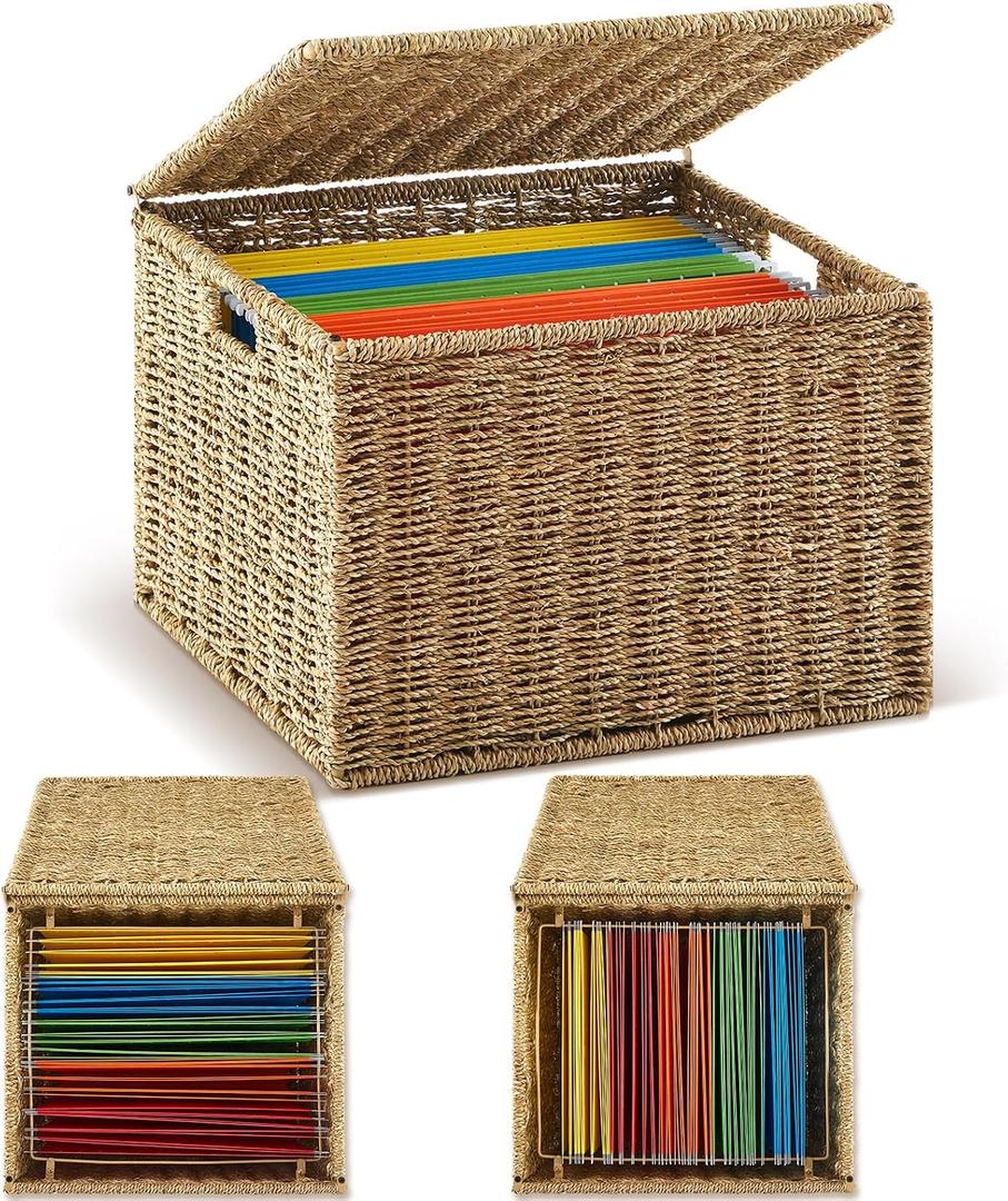 Jingmore Decorative File Storage Box with Lid, Seagrass Hanging File Organizer for Letter & Legal Size Files, Collapsible Document Storage Box for Office Home Desk Organization