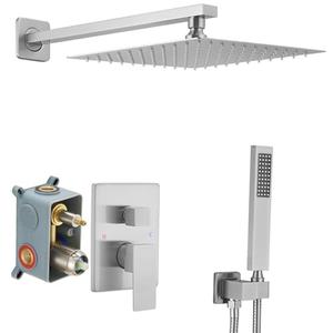 JingGang Brushed Nickel Shower System 10 Inch Bathroom Luxury Rain Mixer Shower Combo Set Wall Mounted Rainfall Shower Head and Handheld System Shower Faucet Rough-in Valve Body and Trim Kit