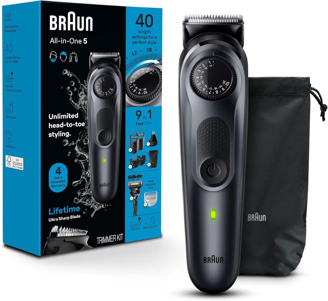 Braun All-in-One Style Kit Series 5 5470, 9-in-1 Trimmer for Men w/Beard Trimmer, Body Trimmer for Manscaping, Gillette Fusion5 ProGlide Razor, 40 Length Settings, Rechargeable Battery, Cordless (Black)