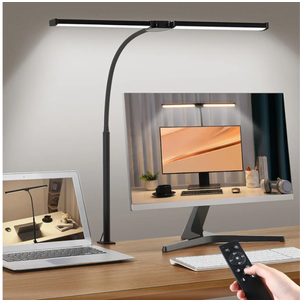 Motumen Led Desk Lamp for Home Office, Eye-Care Architect Light with Clamp, Smart Double Head Computer Monitor Table Clip Lamp, Adjustable Flexible Goose-Neck, 25 Lighting Models, Task Lamp, Black
