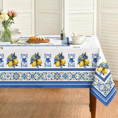 Horaldaily Summer Tablecloth 60×140 Inch Rectangular, Vintage Classical Lemons Jasmine Leaves Blue Yellow Washable Seasonal Table Cover for Party Picnic Dinner Decor
