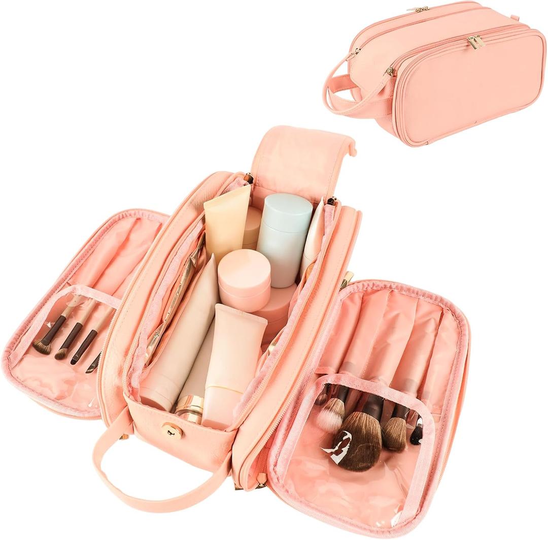 Travel Makeup Bag for Women, Large Capacity Waterproof Cosmetic Bag, Portable Toiletry BagsPouch with Divider & Handle