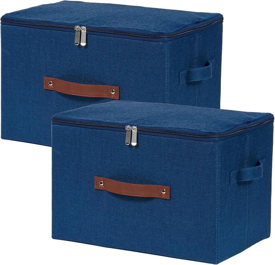 2 Pack Storage Bins with Zipper Lid Cotton Linen Fabric Lidded Storage Baskets Boxes Foldable Washable Closet Shelf Clothes Organizer Container with PU Leather Handles (Deep Blue, Large)