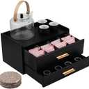 Tea Organizers and Storage Box with Drawer Tea Station organizer for Countertop with 8 Compartments Pine Wood Tea Bag Organizer with Drawer Teabag Holder with 4 Cotton Woven Coasters, Black 02
