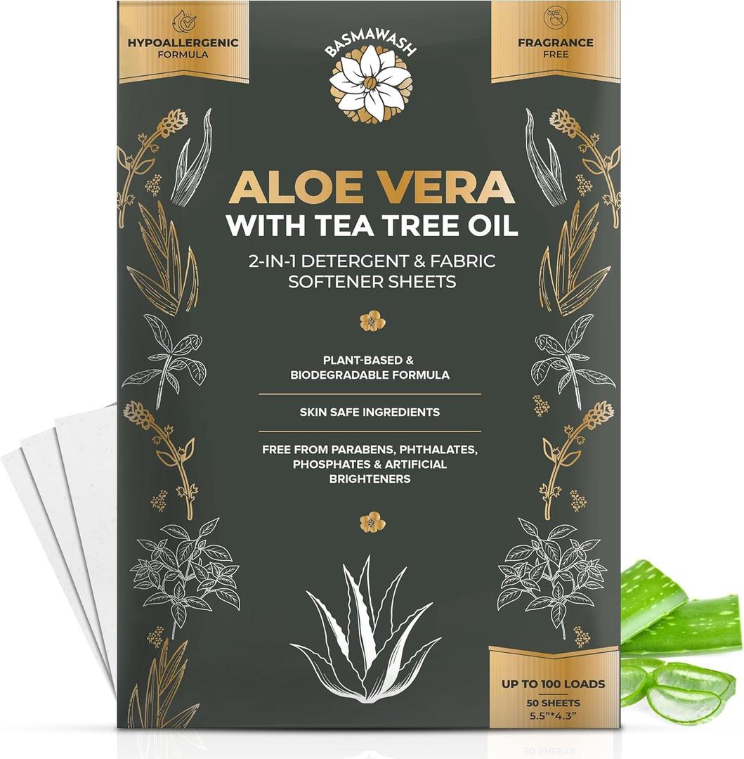 Aloe Vera & Tea Tree Oil 2-in-1 Laundry Detergent Sheets & Fabric Softener |Fragrance-Free, Hypoallergenic, Plant-Based, Eco-Friendly, Biodegradable, Deep Cleaning, Enzyme Powered, Baby Safe 50 Sheets