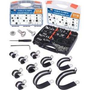 328PCS Cable Clamps Assortment Kit, 304 Stainless Steel Rubber Cushion Pipe Clamps, 9 Sizes 1/4" 5/16" 3/8" 1/2" 5/8" 3/4" 1" 1-1/4" 1-1/2" Wire Clamps with Screws, Screwdriver, Handheld Box