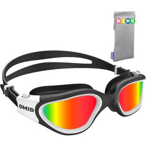 OMID Kids Swim Goggles, P2mini Polarized Swimming Goggles Comfortable for Age 6-14 (A6-mirrored Red Lens Blackwhite Frame)