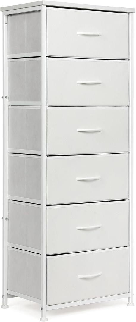 Mifuro Tall Dresser for Bedroom with 6 Drawers, Vertical Storage Organizer Tower, Chest of Drawers with Fabric Bins, Steel Frame, Wood Top for Bedroom, Closet, Entryway- White