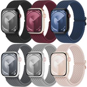 6 Pack Braided Stretch Solo Loop Bands Compatible with Apple Watch 38mm 40mm 41mm 42mm 44mm 45mm 46mm 49mm Women Men, Adjustable Nylon Elastics Strap for iWatch Series 10/9/8/7/6/5/4/3/2/1 Ultra SE