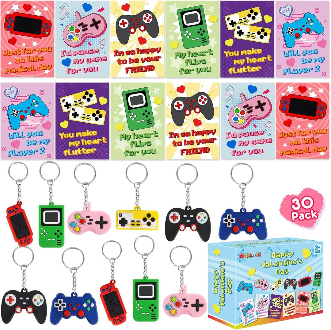 BAYSING 30 Pack Valentines Day Gifts for Kids, Valentines Keychain with Cards, Classroom Exchange Prizes & Party Favors, Kids Valentines Day Cards, Ideal Valentine Gifts for Boys Girls