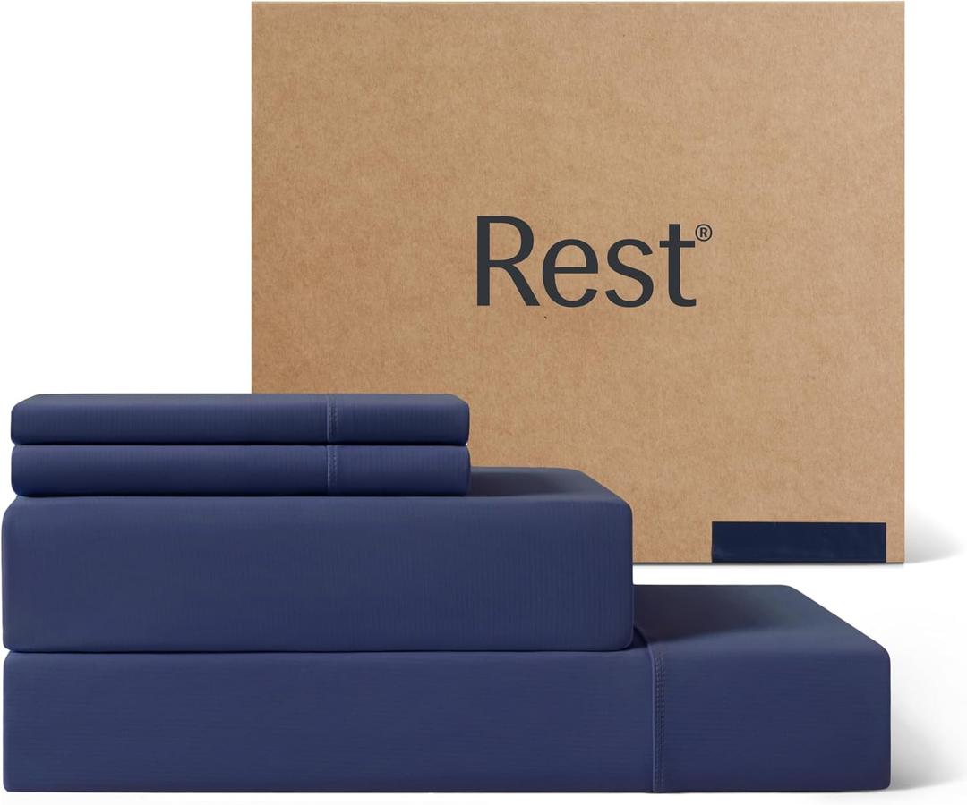 REST Evercool+ Cooling Sheet Set, Full Size, Midnight Blue, Breathable Bed Sheets for Hot Sleeper and Night Sweats, with Pillowcases, with Ionic+ Self-Cleaning Silver Yarn for Sensitive Skin, 4PCS
