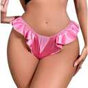 OYOANGLE Women's Silk Stain Ruffle Trim Thong Panties Low Rise No Show Underwear