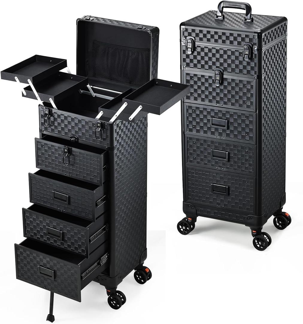 Stagiant Rolling Makeup Case with Drawers Cosmetology Case on Wheels 5 IN 1 Makeup Case 4 Drawers with Foot Stand Spring-release Mechanism Rolling Make Up Organizer for Artist Salon Nail Teach Trunk