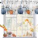 Fall Valance Curtain Pumpkin Blue Kitchen Curtain Thanksgiving Autumn Leaves Window Treatment Topper Curtains for Kitchen Living Room Bathroom Fall Seasonal Decor 1 Panel 54x18 Inch